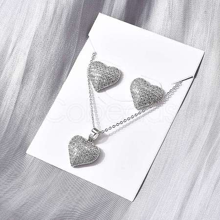 Heart Brass Micro Pave Cubic Zirconia Stud Earrings & Pendant Necklaces Sets SJEW-Z002-05P-1