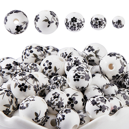 100Pcs 4 Colors Floral Printed Porcelain Beads PORC-DC0001-16A-1