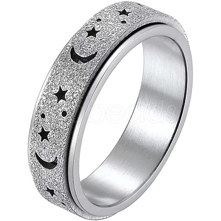 Non-Tarnish 201 Stainless Steel Moon and Star Rotatable Finger Ring MOST-PW0001-005F-05-1