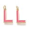 Brass Enamel Pendants, with Jump Ring, Long-Lasting Plated, Real 18K Gold Plated, Letter.L, Hot Pink, Letter.L, L: 17.5x10x1.8mm, Jump Rings: Inner Diameter: 3mm