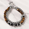 304 Stainless Steel Wheat Chain & Round Natural Tiger Eye and Natural Obsidian Beaded Double Strand Bracelets BJEW-C119-02-2