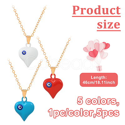 5Pcs 5 Colors Alloy Heart with Evil Eye Pendant Necklace for Women NJEW-HY0001-24-1