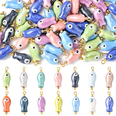 10Pcs Evil Eye Fish Shaped Glazed Porcelain Pendants PALLOY-YW00086-01-1