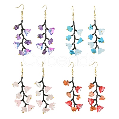 Glass Seed with Natural South Red Agate & Synthetic Turquoise & Natural Rose Quartz Dangle Cluster Earrings EJEW-MZ00726-1