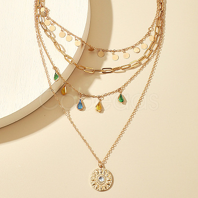 Teardrop Disc Alloy with Colorful Rhinestone Pendant Multi Layered Necklaces for Women FS-WG832B2-01-1