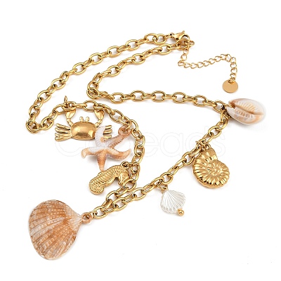 304 Stainless Steel & Natural Cowrie Shell Pendant Bib Necklaces for Women NJEW-A050-02G-1