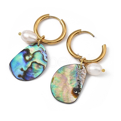 3 Pairs 3 Styles Natural Cultured Freshwater Pearl Beads & Paua Shell Dangle Hoop Earrings EJEW-JE07254-1