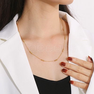 304 Stainless Steel Round Beaded Link Chain Necklaces for Women NJEW-D058-02G-1