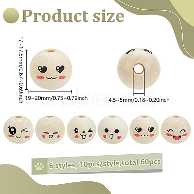 60Pcs 6 Styles Printed Wood European Beads WOOD-FG0001-46-1