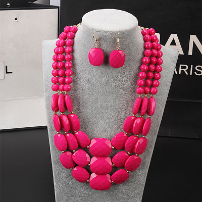 Bohemian Style Acrylic Faceted Rectangle Beaded Multilayer Necklaces & Dangle Earrings Sets WG4F927-07-1