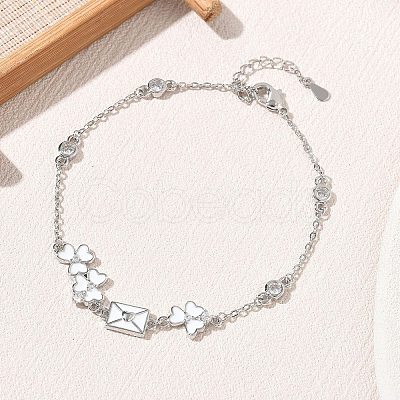 Brass Pave Clear Cubic Zirconia Clover Envelope Link Bracelets KK-CBA6980-18P-1