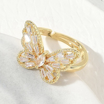 Adjustable Brass Butterfly Finger Rings with Clear Cubic Zirconia CU-CBA7E55-18G-01-1