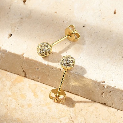 Round Brass Micro Pave Clear Cubic Zirconia Stud Earrings EJEW-D311-107G-1