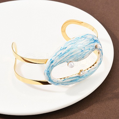 Shell Shape 304 Stainless Steel Enamel Cuff Bangles for Women BJEW-A049-04D-G-1