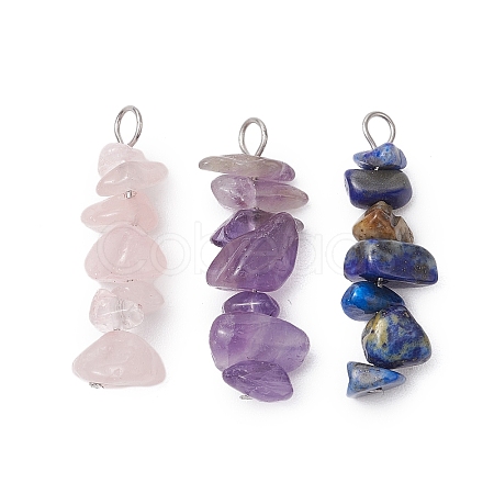3Pcs Natural Rose Quartz & Amethyst & Lapis Lazuli Chip Beaded Constellation Pendants PALLOY-JF03043-07-1
