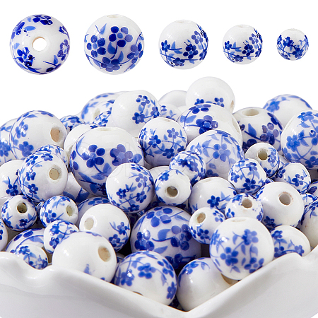 100Pcs 4 Colors Floral Printed Porcelain Beads PORC-DC0001-16B-1