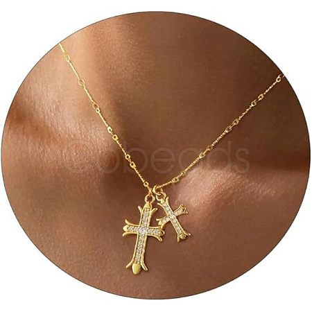 Double Cross Brass Micro Pave Clear Cubic Zirconia Pendant Necklaces FS-WG6EC88-01-1
