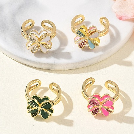Brass Micro Pave Cubic Zirconia Enamel Cuff Open Rings RJEW-Z145-02G-1