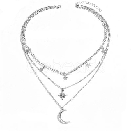 Moon Star Alloy Crystal Rhinestone Pendant 3 Layer Necklaces for Women FS-WG5D7AF-02-1