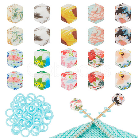 20Pcs 10 Colors Cornerless Cube Flower Printed Silicone Knitting Needle Stoppers DIY-GO0001-90-1