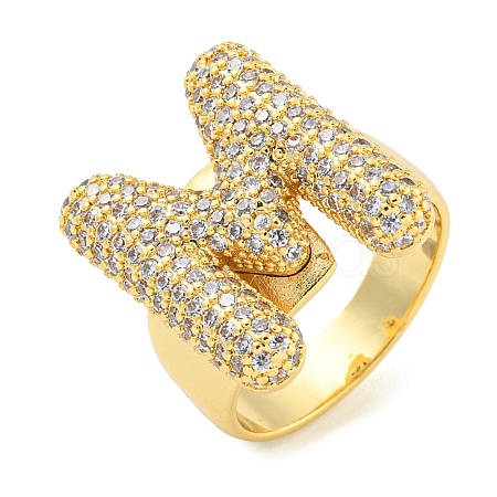 Brass Micro Pave Clear Cubic Zirconia Letter Open Cuff Ring for Women RJEW-M173-01G-M-1