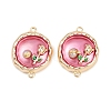 Brass Enamel & Natural Pearl Flat Round with Flower Connector Charms KK-K351-50G-01-1