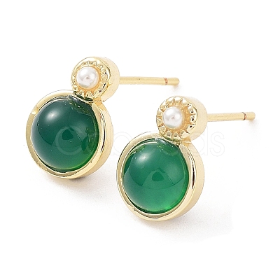 Natural Dyed & Heated Green Onyx Agate Half Round Dangle Stud Earrings EJEW-B027-15G-1