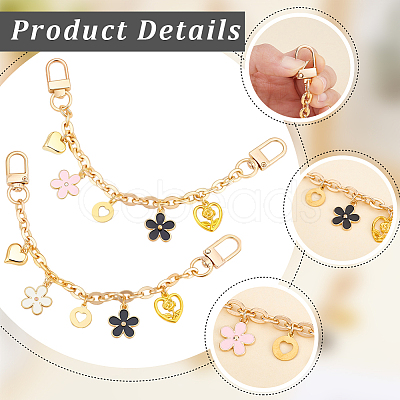 2Pcs 2 Colors Acrylic Heart & Alloy Enamel Pink and White Flower Pendant Alloy Cable Chain Bag Decorative Chains HJEW-BBC0001-35-1