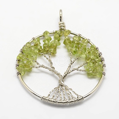 Tree of Life Natural Peridot Bead Brass Wire Wrapped Big Pendants KK-L136-01B-NR-1