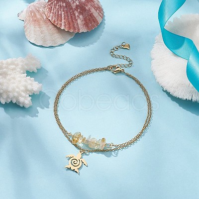 Natural Citrine Chips Beaded & Turtle Charms Double Layer Multi-strand Bracelet AJEW-AN00511-05-1