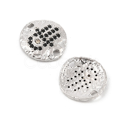 Brass Micro Pave Black Cubic Zirconia Disc with Hamsa Hand Connector Charms KK-P300-24P-02-1-1