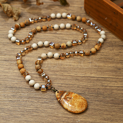 Natural Picture Jasper Flat Teardrop Pendant Round Gems and Cube Glass Beaded Long Necklaces for Women FS-WG9FE58-07-1