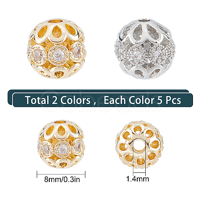 SUNNYCLUE 10Pcs 2 Colors Rack Plating Brass Micro Pave Clear Cubic Zirconia Beads ZIRC-SC0001-23-1