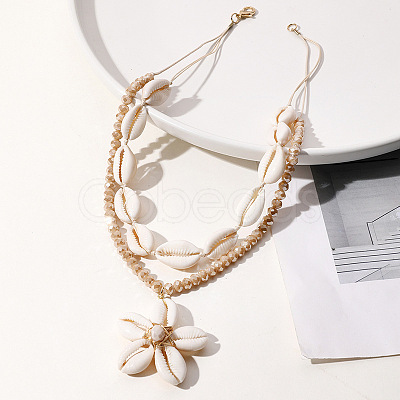 Summer Beach Natural Cowrie Shell & Glass Flower Pendant Double Layered Necklaces for Women FS-WGA7A0B-02-1