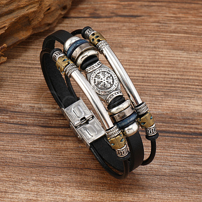 Viking Helm Alloy & Imitation Leather & CCB Plastic Multi-strand Bracelets for Men FS-WG23689-01-1