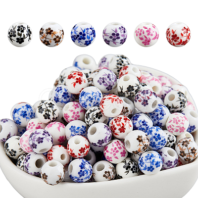 210Pcs 6 Styles Floral Printed Porcelain Beads PORC-DC0001-15-1