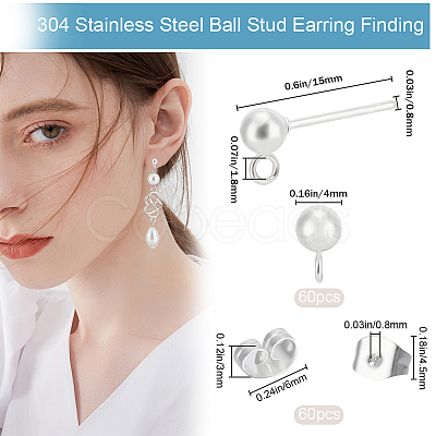 60Pcs 304 Stainless Steel Ball Stud Earring Post STAS-BBC0004-20-1
