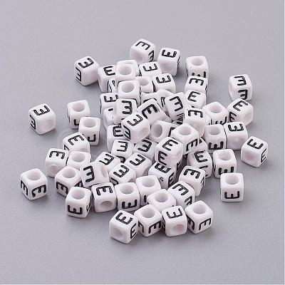 White Letter E Cube Acrylic Beads X-PL37C9308-E-1