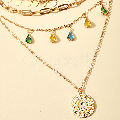 Teardrop Disc Alloy with Colorful Rhinestone Pendant Multi Layered Necklaces for Women FS-WG832B2-01-1