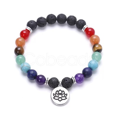 Alloy Lotus Flower Charm Chakra Round Gemstone Beaded Stretch Bracelets ID6522-1-1