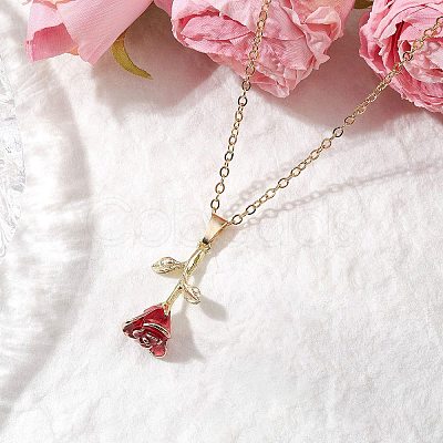 Valentine's Day Alloy Dark Red Enamel Rose Flower Pendant Necklaces NJEW-TA00183-1