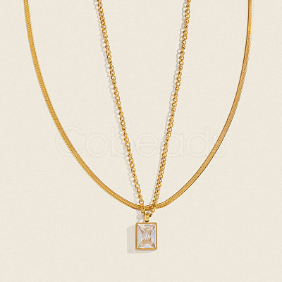 European Style Stainless Steel Pave Clear Cubic Zirconia Rectangle Pendant Snake Chain Double Layered Necklaces for Women ND1910-1