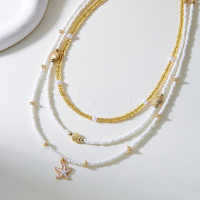 Summer Beach Alloy Starfish Pendant Glass Seed Beaded 3 Layer Necklaces for Women FS-WGF3BD7-01-1