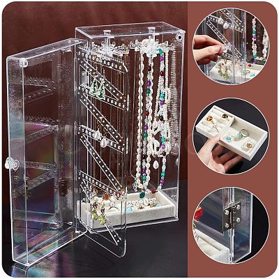 Rectangle Plastic Jewelry Organizer Storage Box with 24 Hooks OBOX-WH0001-06-1