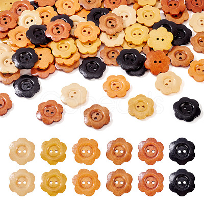 90Pcs 6 Colors 2-Hole Wood Flower Buttons BUTT-TA0001-40D-1