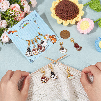 Cat & Coffee Cup Stitch Markers HJEW-AB00269-1