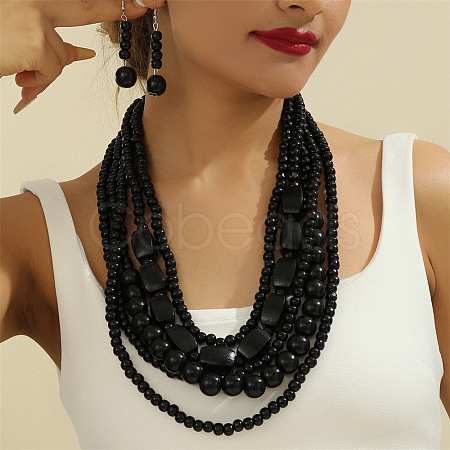 Wood Beaded Multilayer Necklaces & Dangle Earrings Sets WG1A9CE-07-1
