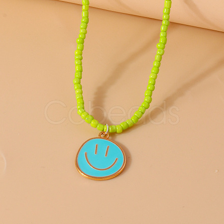 Alloy Enamel Smiling Face Pendant Glass Seed Beaded Necklaces for Women FS-WGD322E-03-1