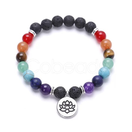 Alloy Lotus Flower Charm Chakra Round Gemstone Beaded Stretch Bracelets ID6522-1-1