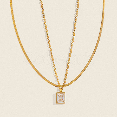 European Style Stainless Steel Pave Clear Cubic Zirconia Rectangle Pendant Snake Chain Double Layered Necklaces for Women ND1910-1